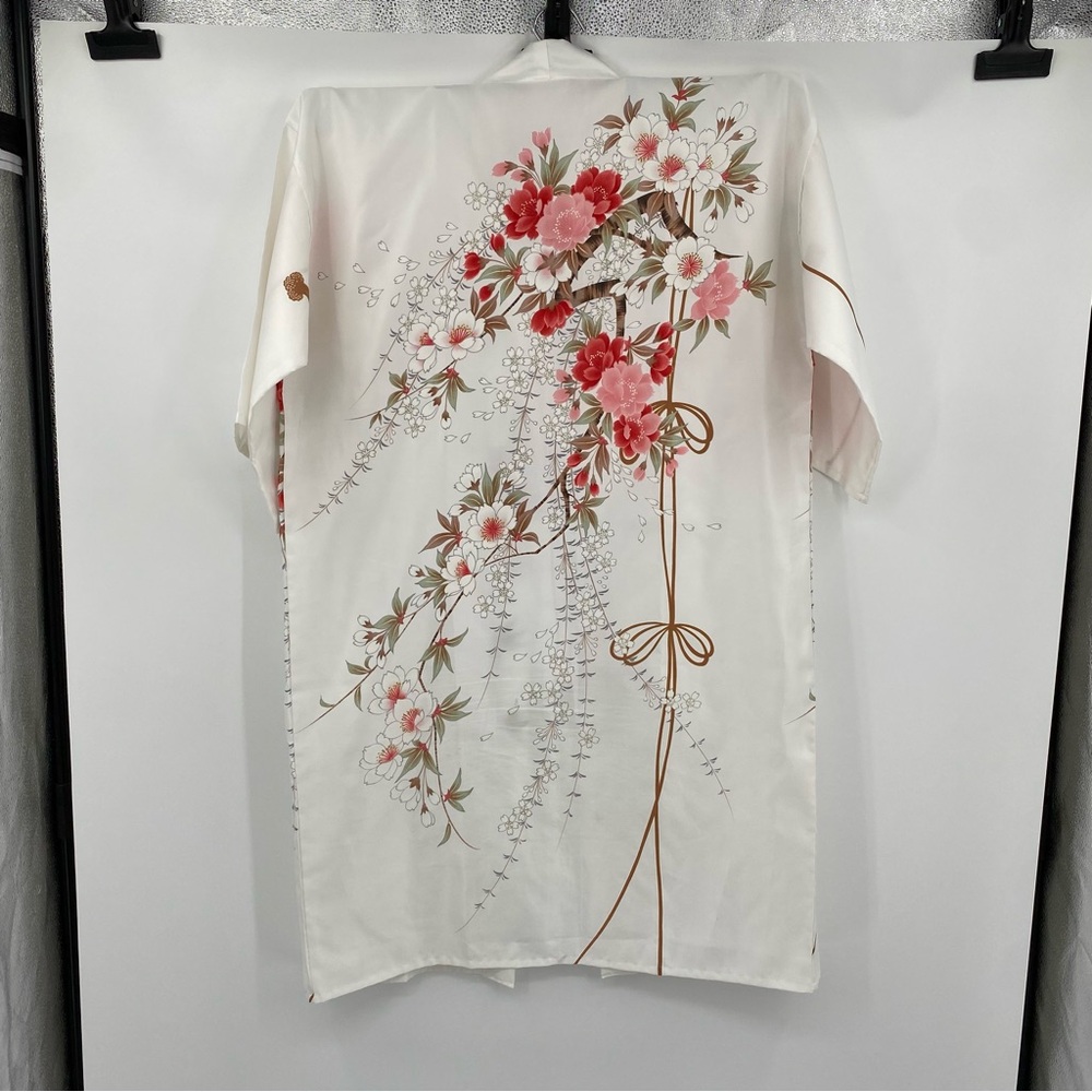 Vintage Kimono Women One Size Japanese White Poly Floral Coverup Asian Botanical - Picture 9 of 11